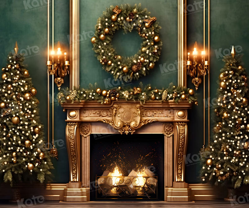 Kate Weihnachten Grüne Wand Goldener Kamin Hintergrund für Fotografie - Kate Backdrop.de