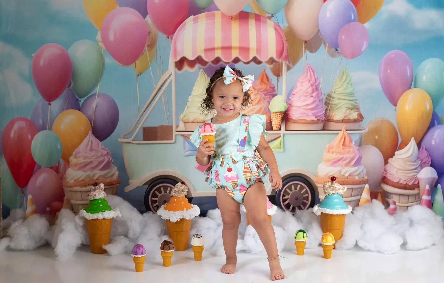 Kate Sommer Süß Eiswagen Kuchen Smash Ballon Himmel Fleece Hintergrund Entworfen von Chain Photography - Kate Backdrop.de