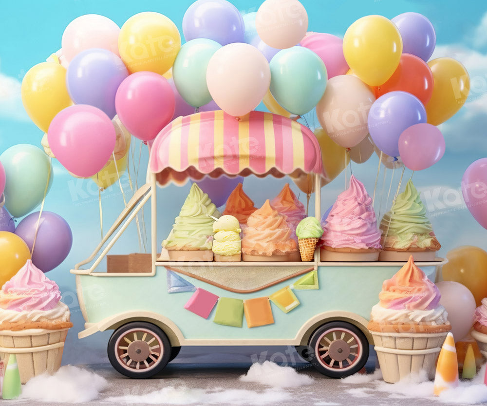 Kate Sommer Süß Eiswagen Kuchen Smash Ballon Himmel Fleece Hintergrund Entworfen von Chain Photography - Kate Backdrop.de