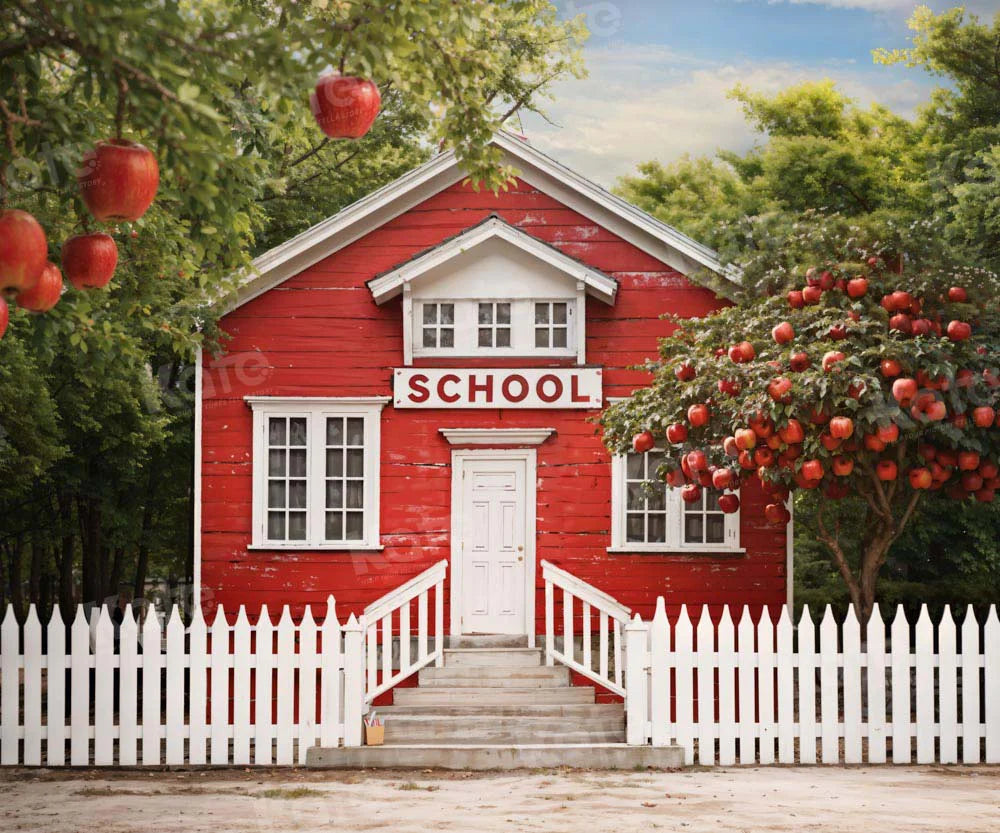 Kate Zurück zu Schule Rotes Haus Apfelbaum Zaun Hintergrund von Chain Photography