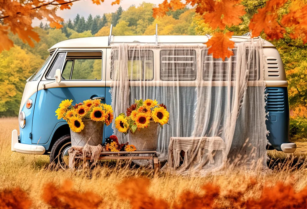 Kate Herbst Sonnenblume Blau Weiß Auto Bus Hintergrund für Fotografie