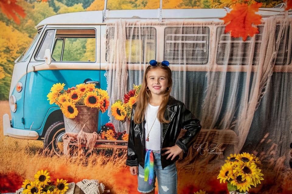 Kate Herbst Sonnenblume Blau Weiß Auto Bus Hintergrund für Fotografie