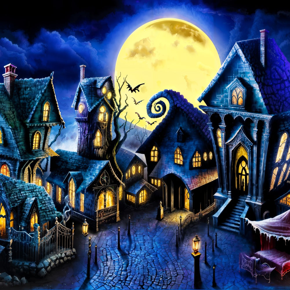 Kate Halloween Großer Mond in Nacht Haus Hintergrund für Fotografie