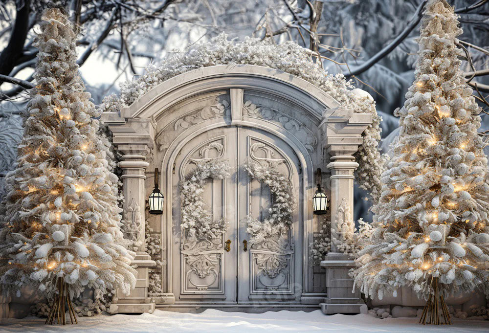 Kate Winter Weihnachten Snowy Frosted White Door Tree Hintergrund für Fotografie