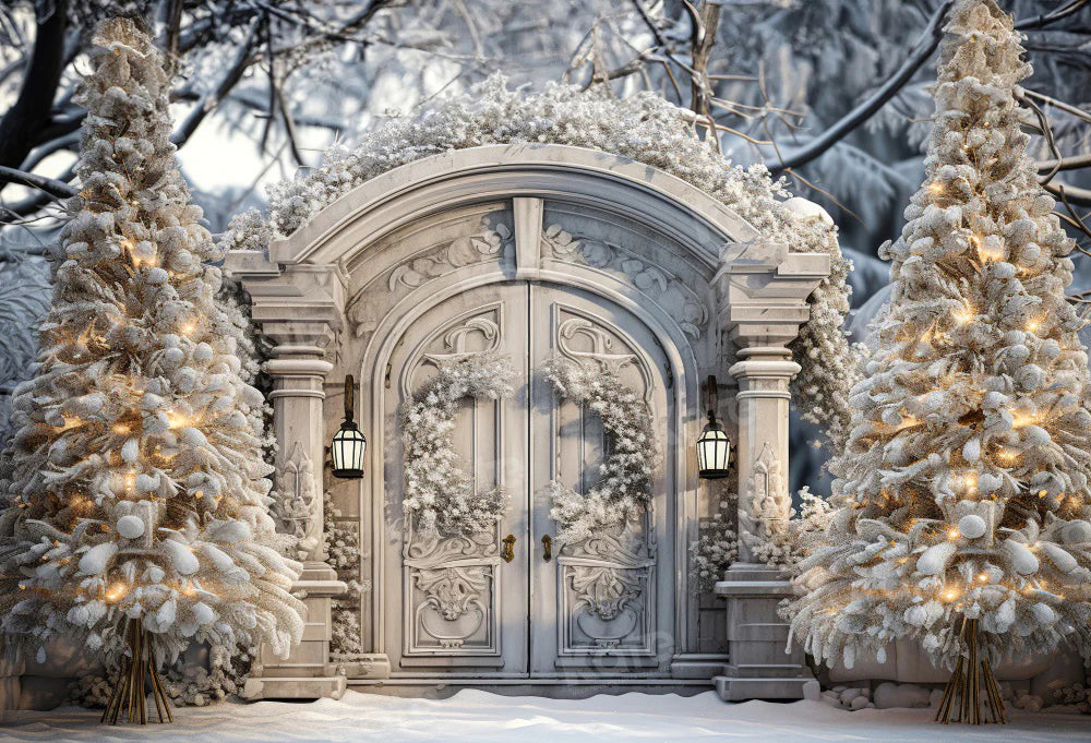 Kate Winter Weihnachten Snowy Frosted White Door Tree Hintergrund für Fotografie - Kate Backdrop.de