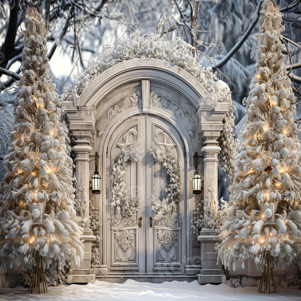 Kate Winter Weihnachten Snowy Frosted White Door Tree Hintergrund für Fotografie - Kate Backdrop.de
