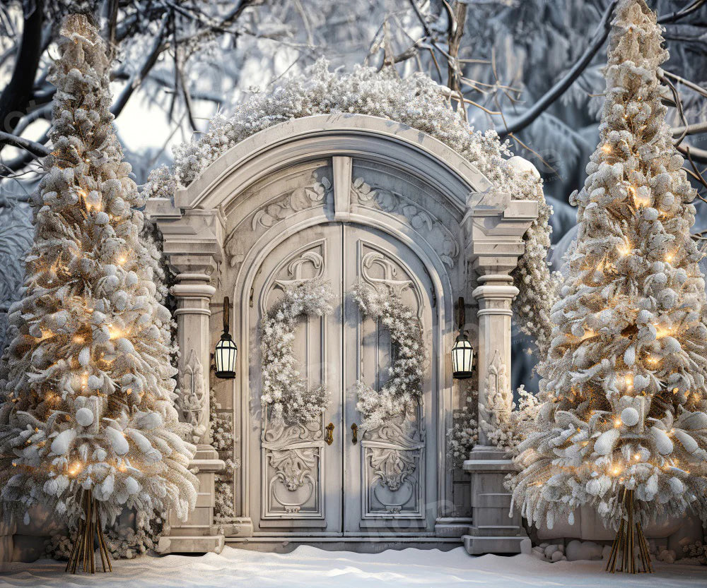 Kate Winter Weihnachten Snowy Frosted White Door Tree Hintergrund für Fotografie - Kate Backdrop.de