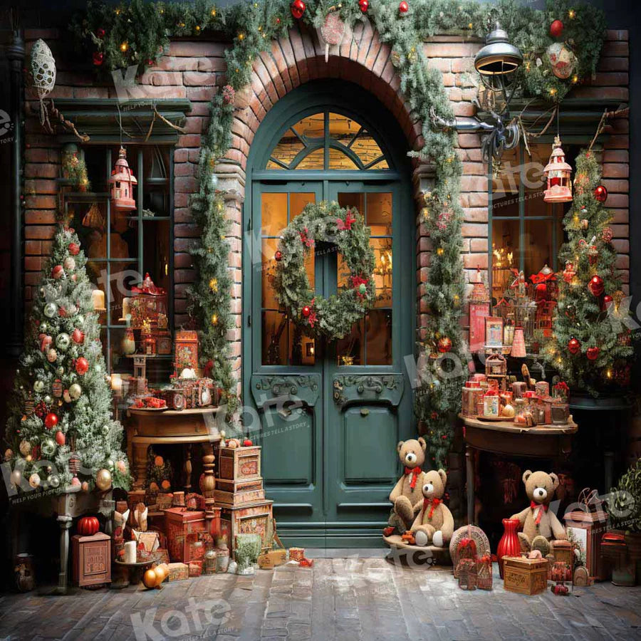 Kate Weihnachten Teddybär Geschenke vor Store Tür Hintergrund von Emetselch - Kate Backdrop.de