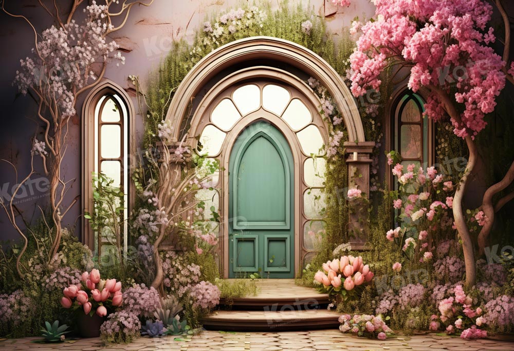 Kate Sommer Rosa Blume Baumhaus Grüne Tür Hintergrund von Emetselch - Kate Backdrop.de