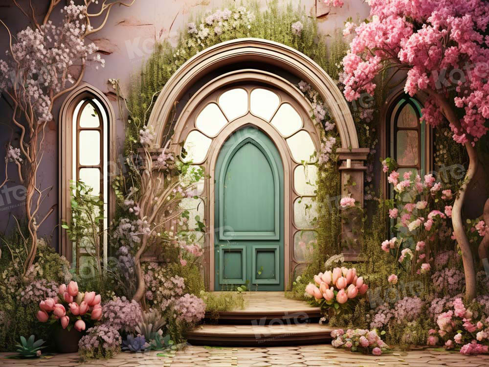 Kate Sommer Rosa Blume Baumhaus Grüne Tür Hintergrund von Emetselch - Kate Backdrop.de