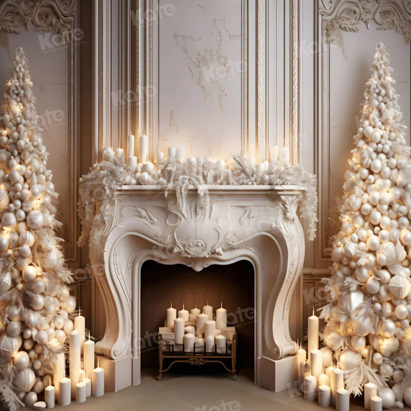 Kate Weihnachten Elegante Kommunion Kerze Weiß Kamin Baum Hintergrund für Fotografie