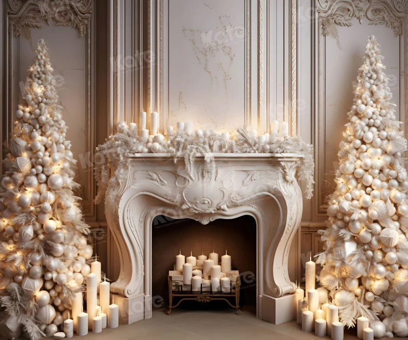 Kate Weihnachten Elegante Kommunion Kerze Weiß Kamin Baum Hintergrund für Fotografie
