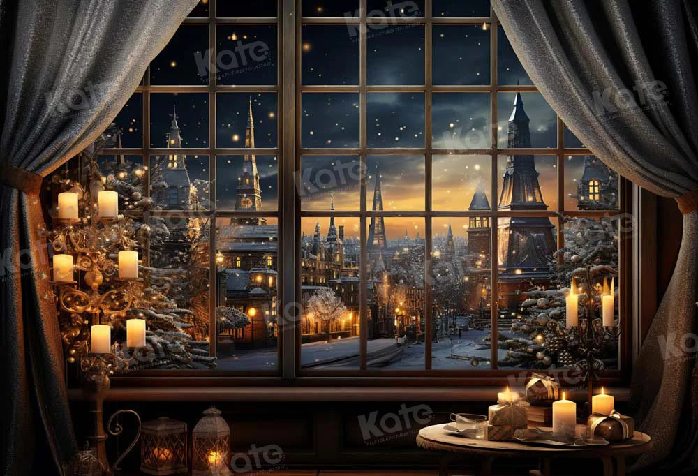 Kate Weihnachten Winter Nacht Stadt Outwindow Kerze Hintergrund von Emetselch