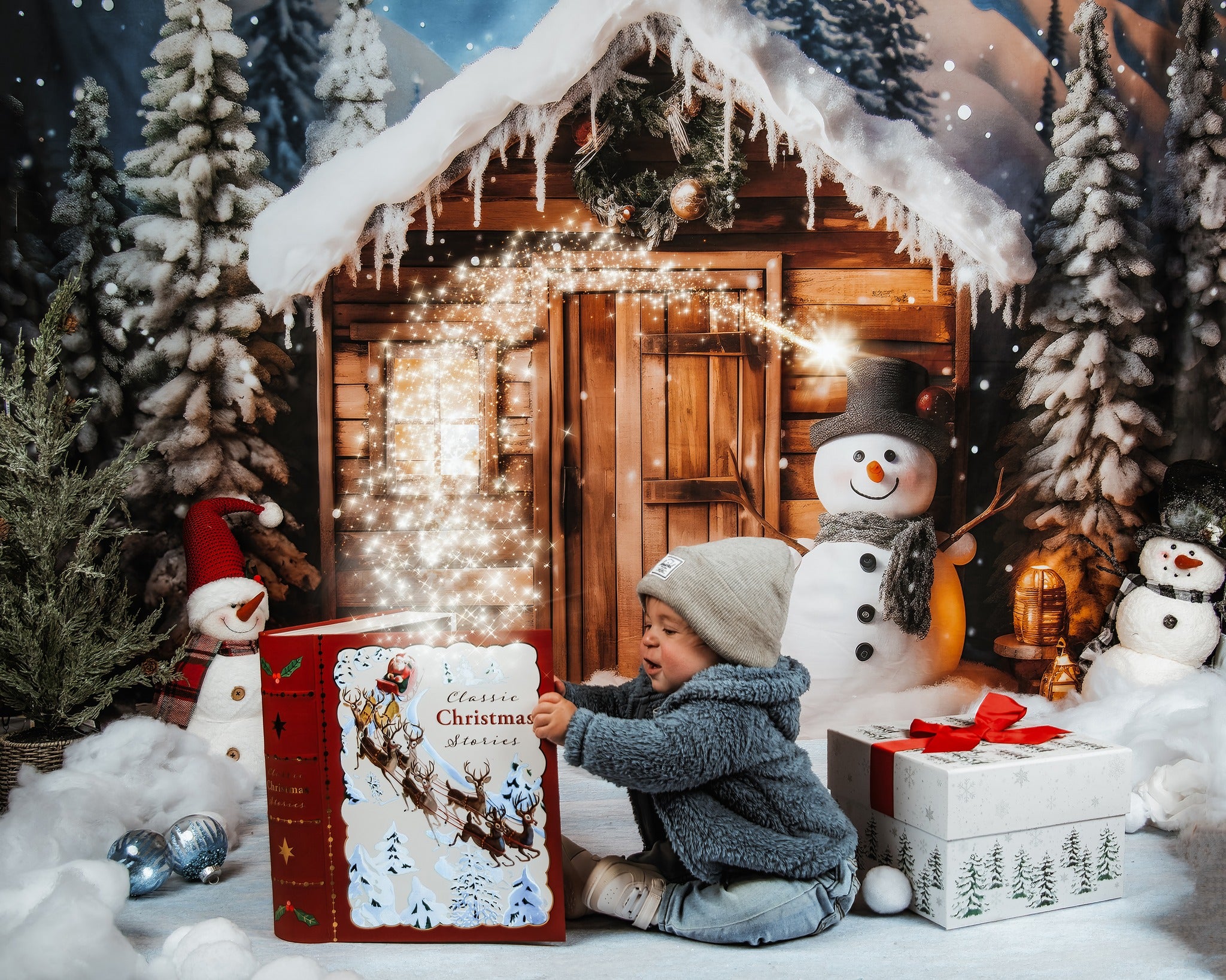 Kate Winter Weihnachten Schneemann Haus Hintergrund für Fotografie