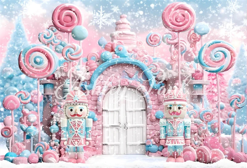 Kate Winter Weihnachten Rosa Süßigkeiten Weiß Tür Nussknacker Hintergrund von Ashley Paul - Kate Backdrop.de