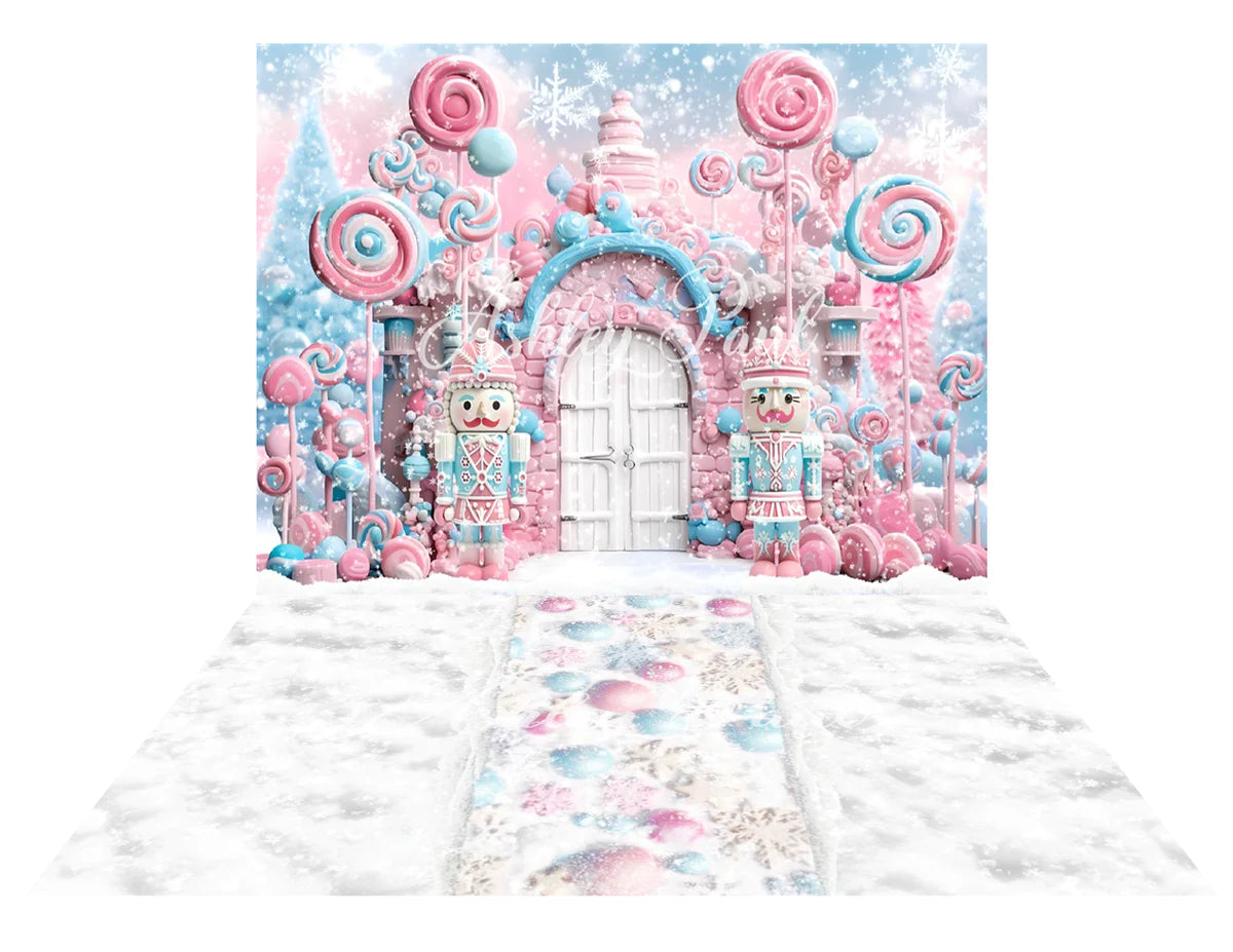 Kate Winter Weihnachten Rosa Süßigkeiten Weiß Tür Nussknacker + Schnee Fantasy Boden Hintergrund für Fotografie