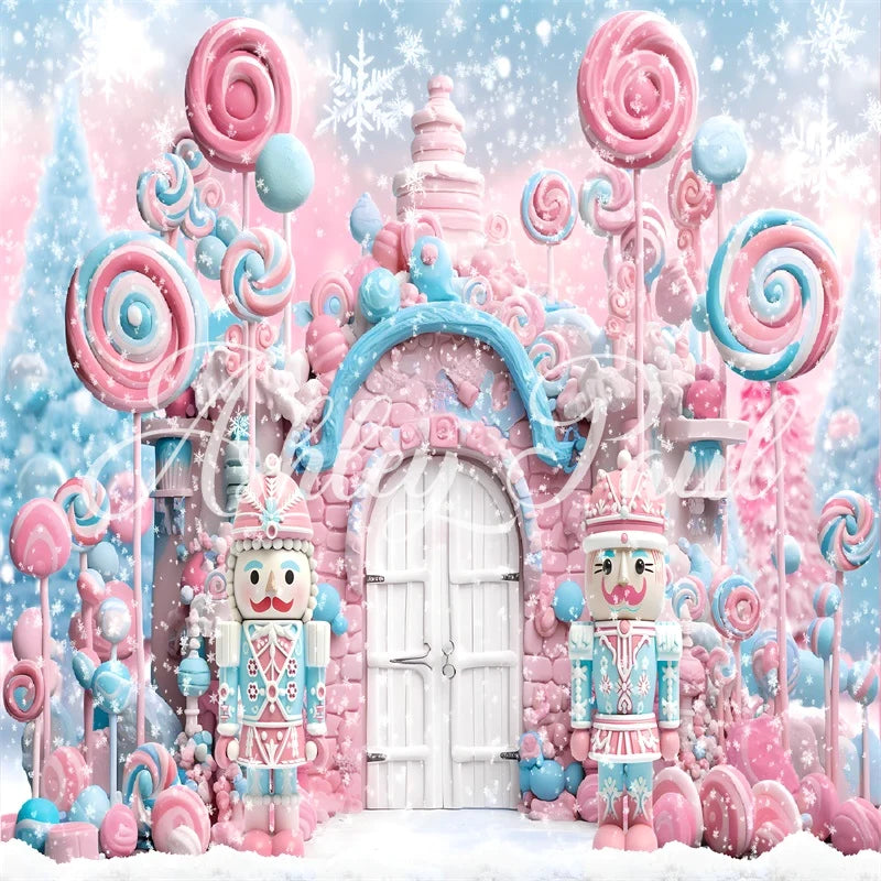 Kate Winter Weihnachten Rosa Süßigkeiten Weiß Tür Nussknacker Hintergrund von Ashley Paul - Kate Backdrop.de