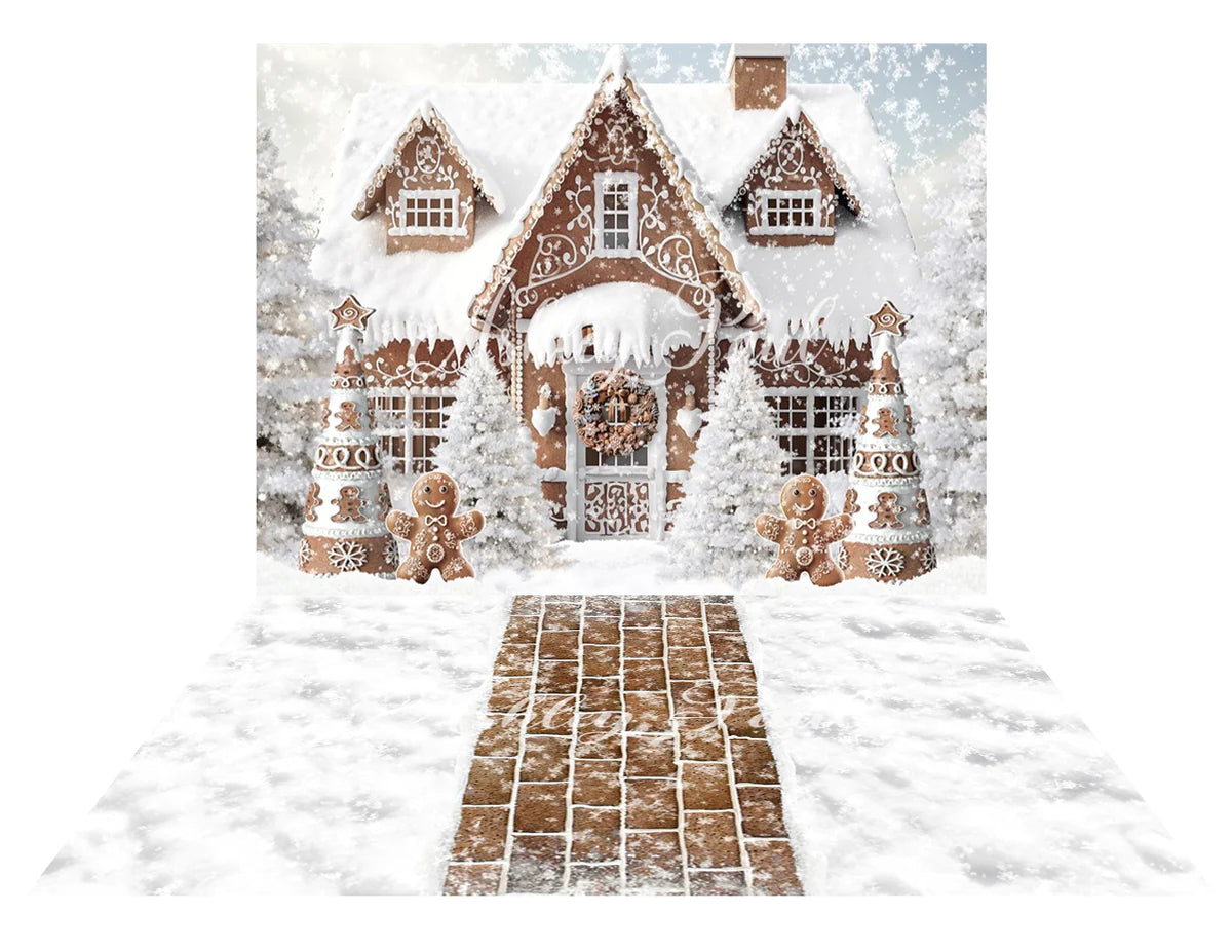 Kate Winter Schnee Lebkuchenhaus Hintergrund+Lebkuchenhaus Bodenmatte Hintergrund für Fotografie