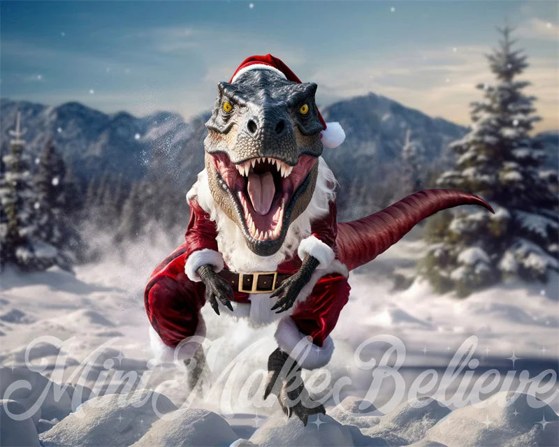 Kate T-Rex mit Weihnachtsmann-Kleidung im Winter-Hintergrund von Mini MakeBelieve - Kate Backdrop.de