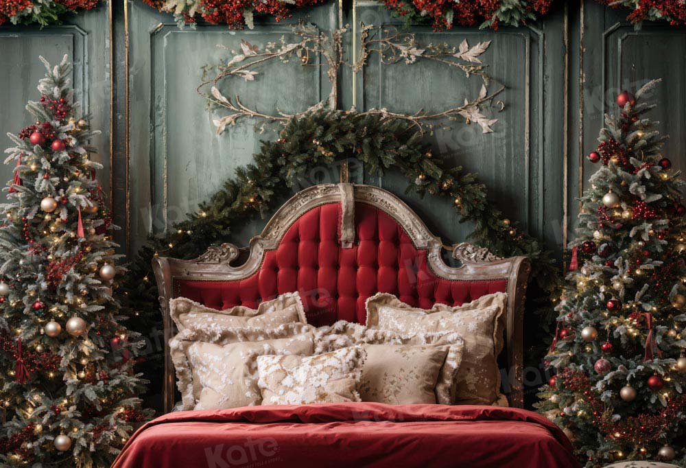 Kate Weihnachten Rotes Kopfteil Grüne Wand Baum Hintergrund von Emetselch - Kate Backdrop.de