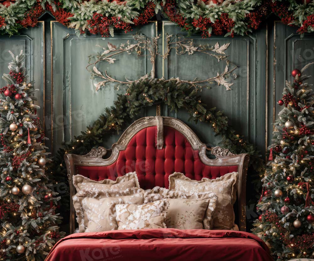 Kate Weihnachten Rotes Kopfteil Grüne Wand Baum Hintergrund von Emetselch - Kate Backdrop.de