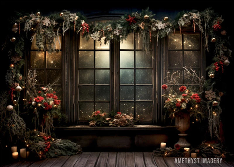 Kate Weihnachten Stechpalme Fenster Schwarze Wand Hintergrund von Angela Miller