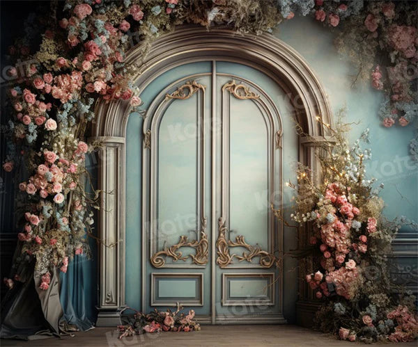 Kate Blaue Tür Rosa Blumenbogen Hintergrund von Emetselch - Kate Backdrop.de