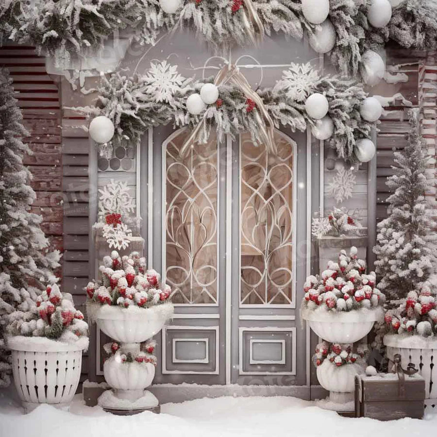 Kate Winter Weihnachten Haus Tür mit rotem Hintergrund von Emetselch - Kate Backdrop.de