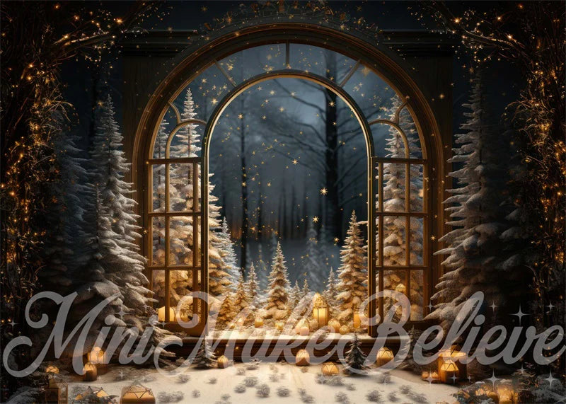 Kate Winter-Weihnachtsbaum-Fenster-Schnee-Nacht- Hintergrund von Mini MakeBelieve