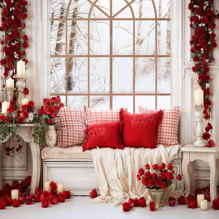 Kate Valentinstag Weißes Sofa Fenster Rose Hintergrund für Fotografie