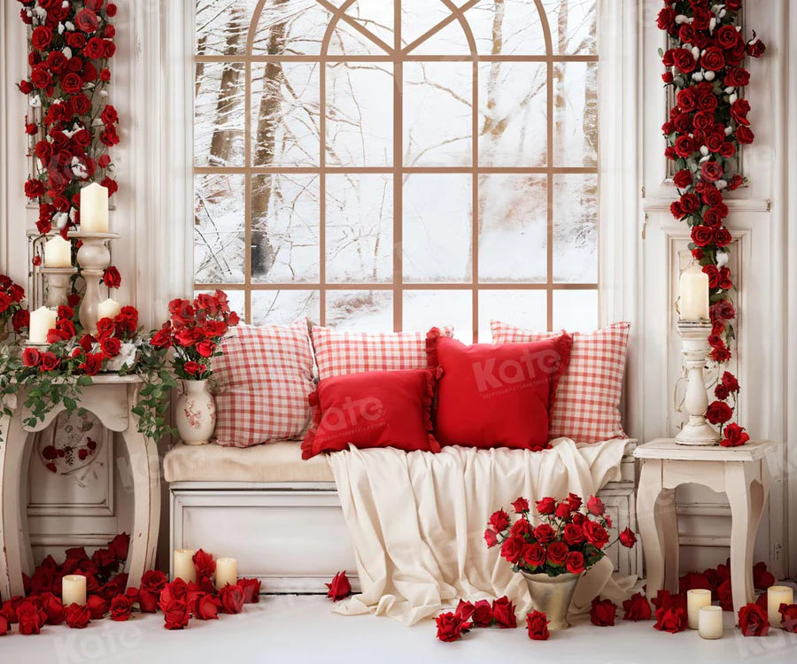 Kate Valentinstag Weißes Sofa Fenster Rose Hintergrund für Fotografie