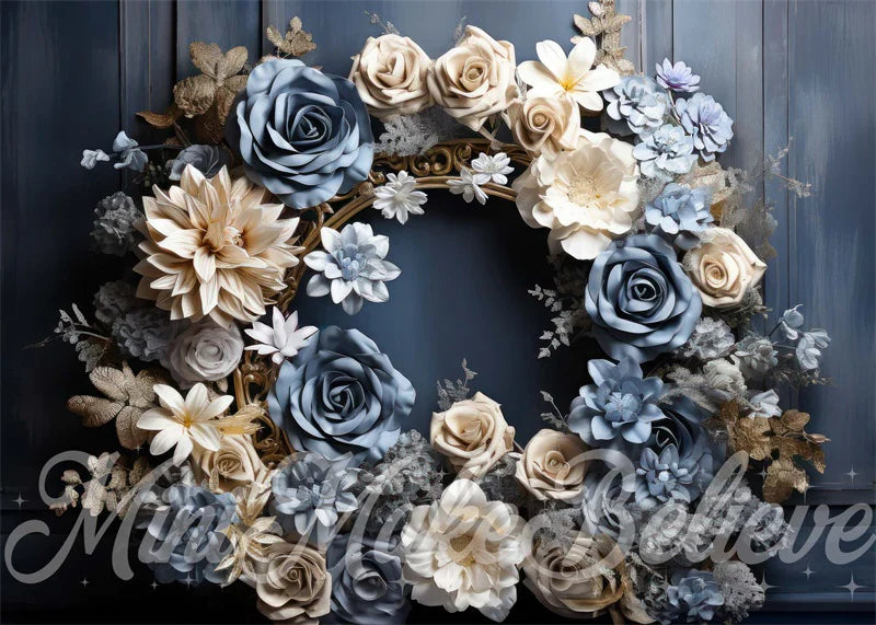 Kate Blau Creme Blumen Gold Rahmen Rustikale Holz Mutterschaft Junge Cake-Smash Geburtstag Hintergrund von Mini MakeBelieve - Kate Backdrop.de