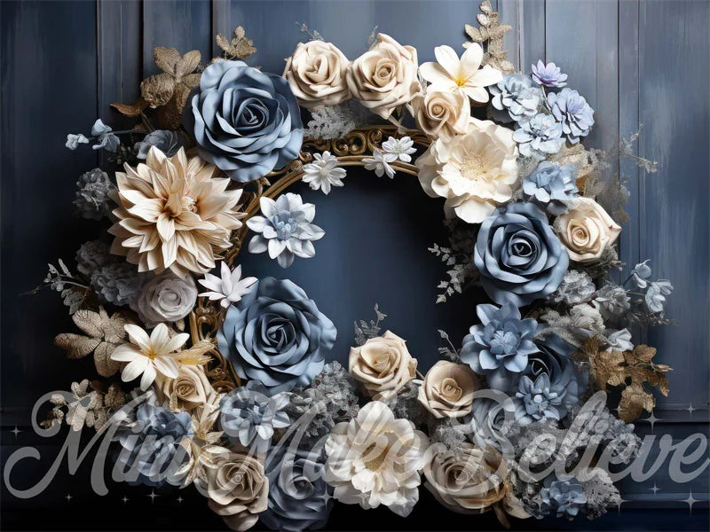 Kate Blau Creme Blumen Gold Rahmen Rustikale Holz Mutterschaft Junge Cake-Smash Geburtstag Hintergrund von Mini MakeBelieve - Kate Backdrop.de