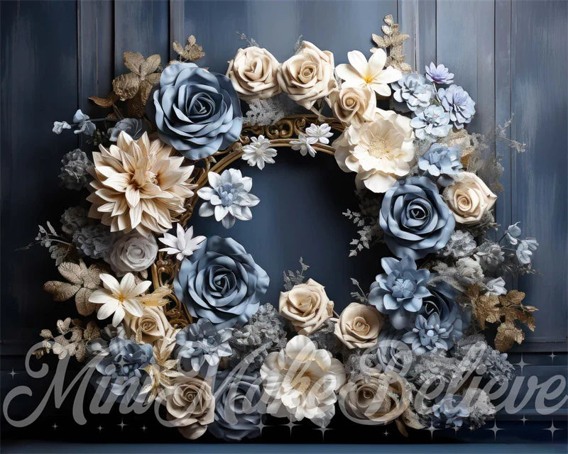 Kate Blau Creme Blumen Gold Rahmen Rustikale Holz Mutterschaft Junge Cake-Smash Geburtstag Hintergrund von Mini MakeBelieve - Kate Backdrop.de