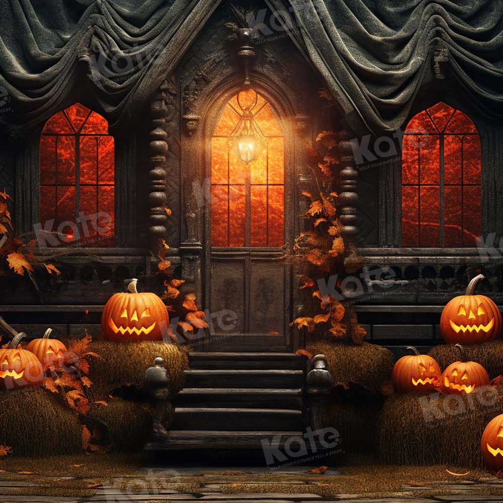 Kate Halloween Sonnenuntergang Spooky Kürbis Haus Hintergrund für Fotografie