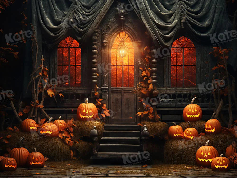 Kate Halloween Sonnenuntergang Spooky Kürbis Haus Hintergrund für Fotografie - Kate Backdrop.de