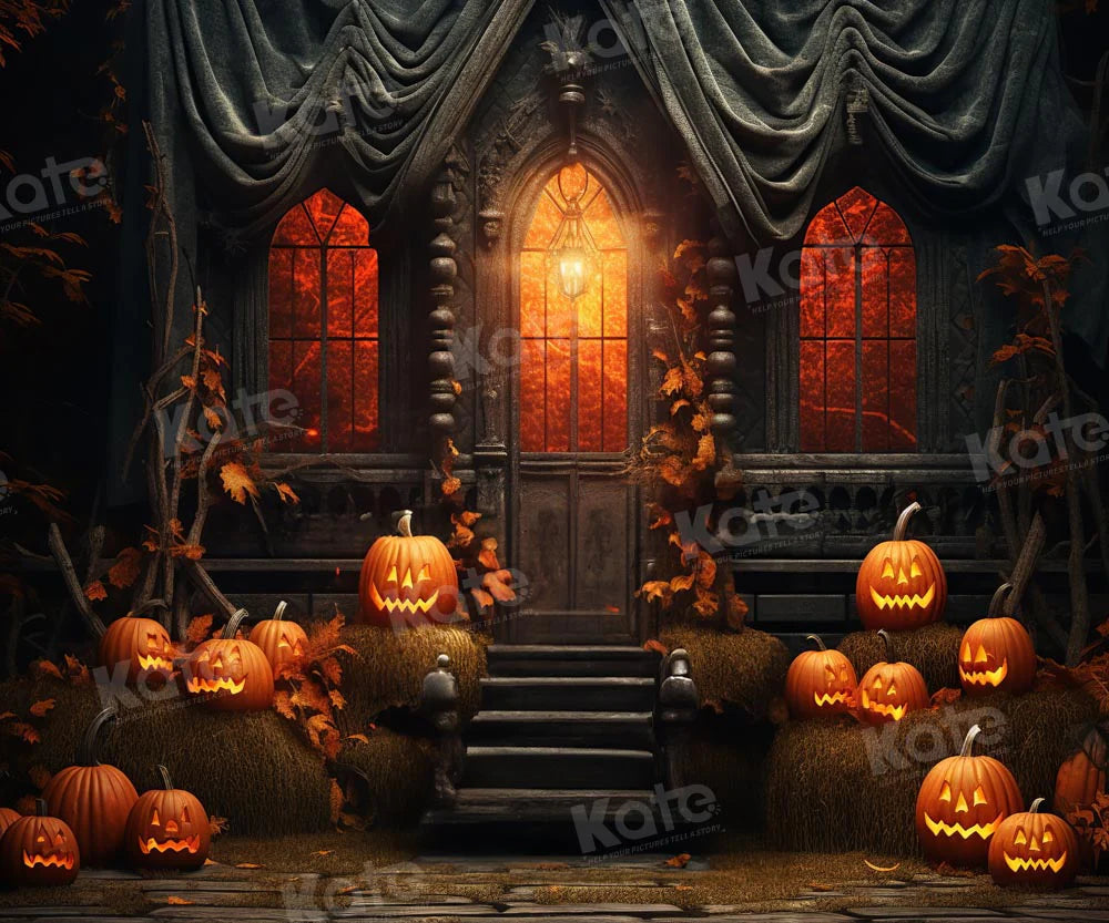Kate Halloween Sonnenuntergang Spooky Kürbis Haus Hintergrund für Fotografie