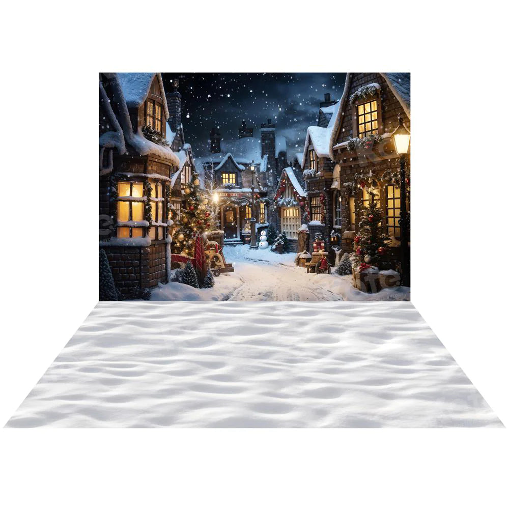 Kate Weihnachten verschneite Straße in Nacht Hintergrund + Schnee Boden Hintergrund für Fotografie