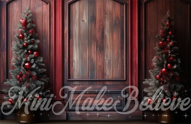 Kate Winter Weihnachten Rot Holz Wand und Bäume Hintergrund von Mini MakeBelieve - Kate Backdrop.de