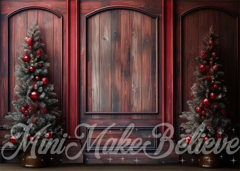 Kate Winter Weihnachten Rot Holz Wand und Bäume Hintergrund von Mini MakeBelieve - Kate Backdrop.de