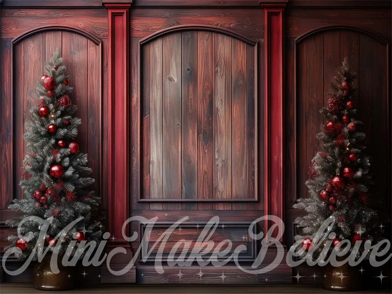 Kate Winter Weihnachten Rot Holz Wand und Bäume Hintergrund von Mini MakeBelieve - Kate Backdrop.de