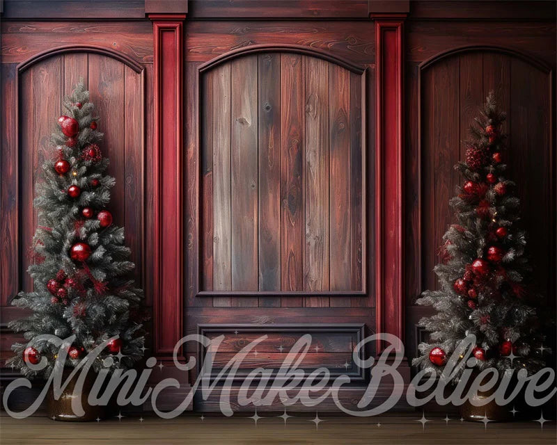 Kate Winter Weihnachten Rot Holz Wand und Bäume Hintergrund von Mini MakeBelieve - Kate Backdrop.de