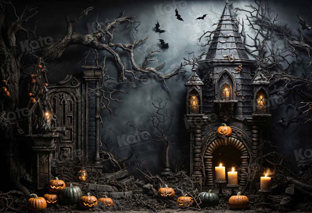 Kate Halloween Dunkle Fledermaus Kerze Kürbis Schloss Hintergrund von Chain Photography