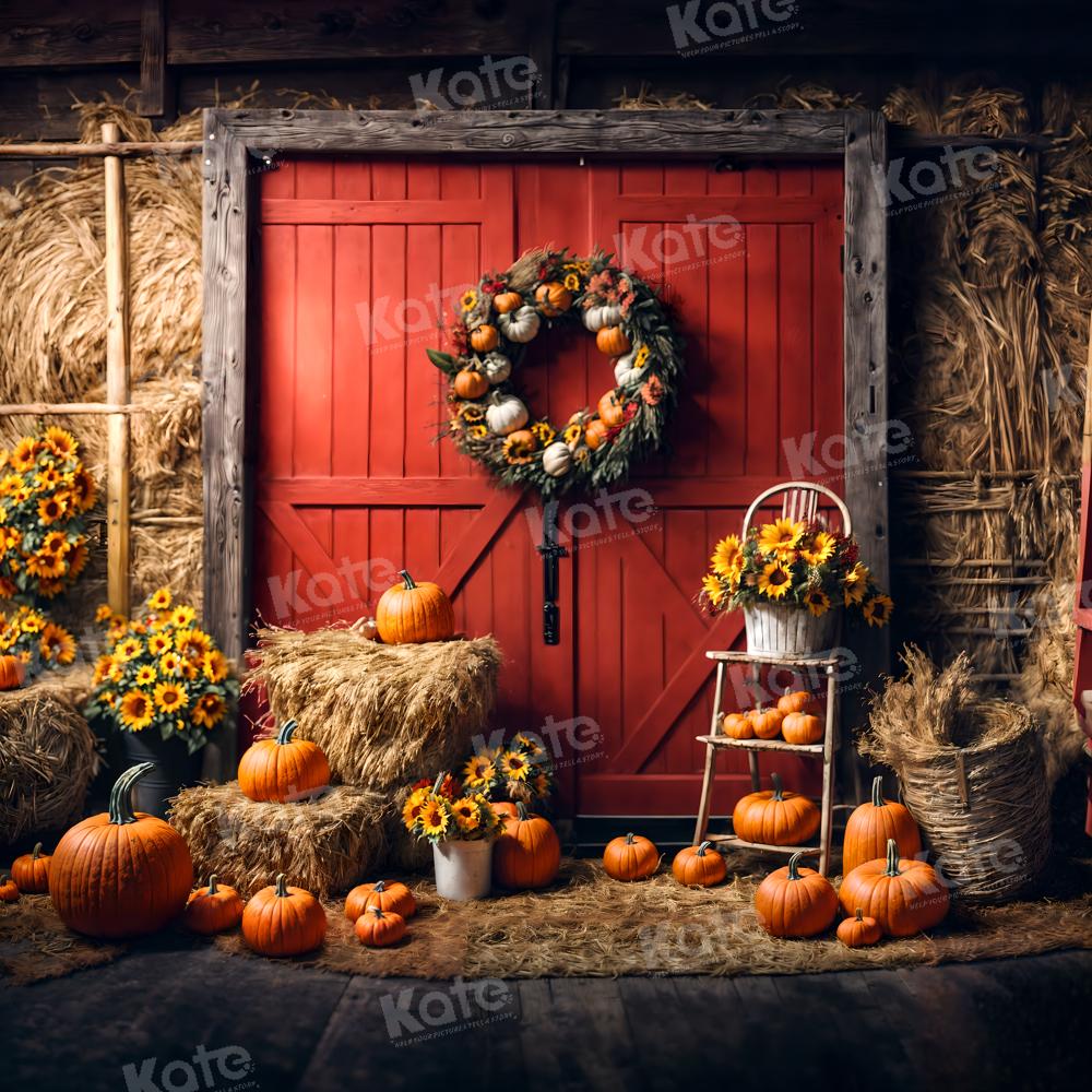 Kate Herbst Hintergrund Kürbisse Rote Scheunentür Sonnenblumen für Fotografie - Kate Backdrop.de