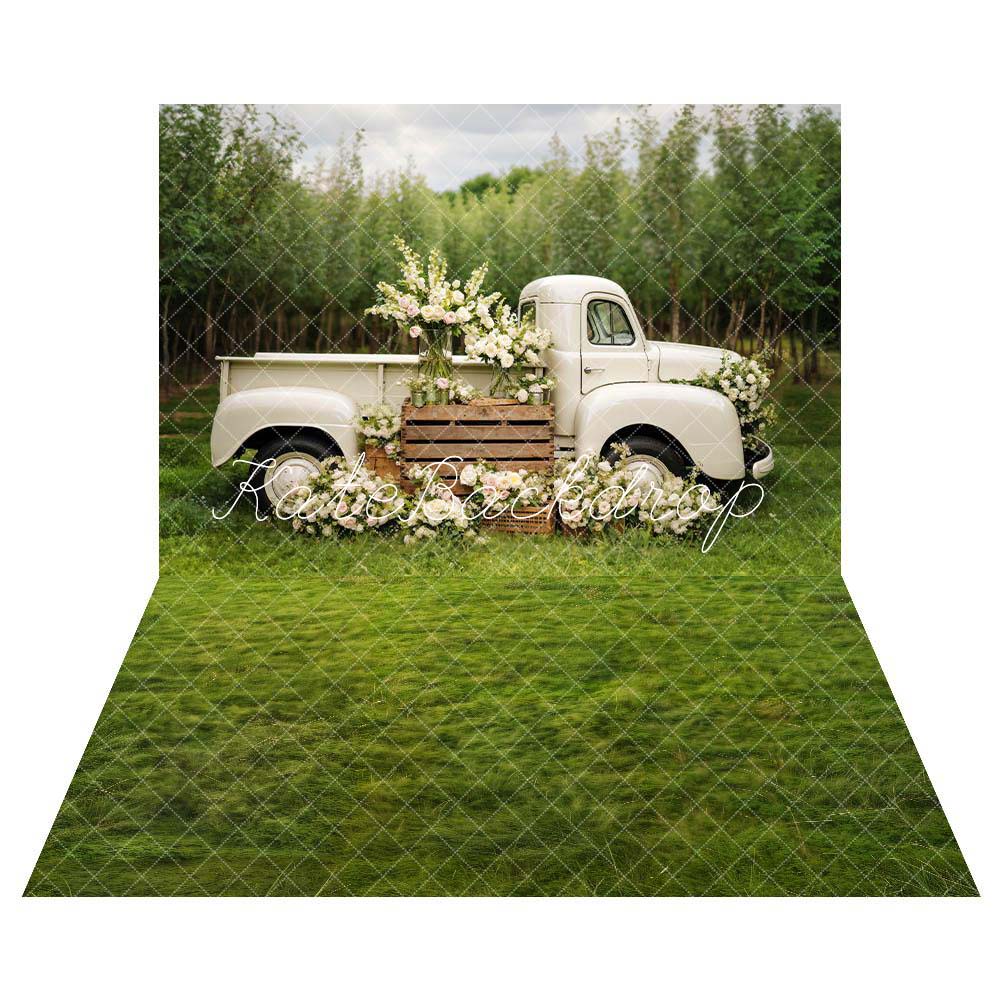 Kate Frühling Weiße Blumen LKW Hintergrund + Frühling Gras Boden Hintergrund - Kate Backdrop.de
