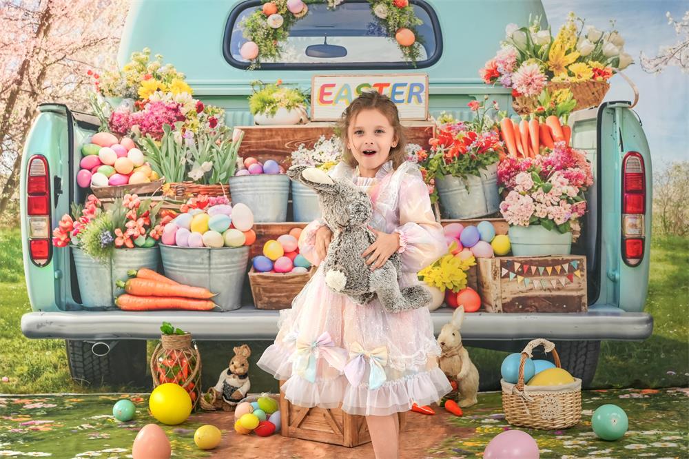 Kate Ostern Truck Grüne Pflanze Hintergrund+Frühjahr Blumen Feld Weg Boden Hintergrund - Kate Backdrop.de