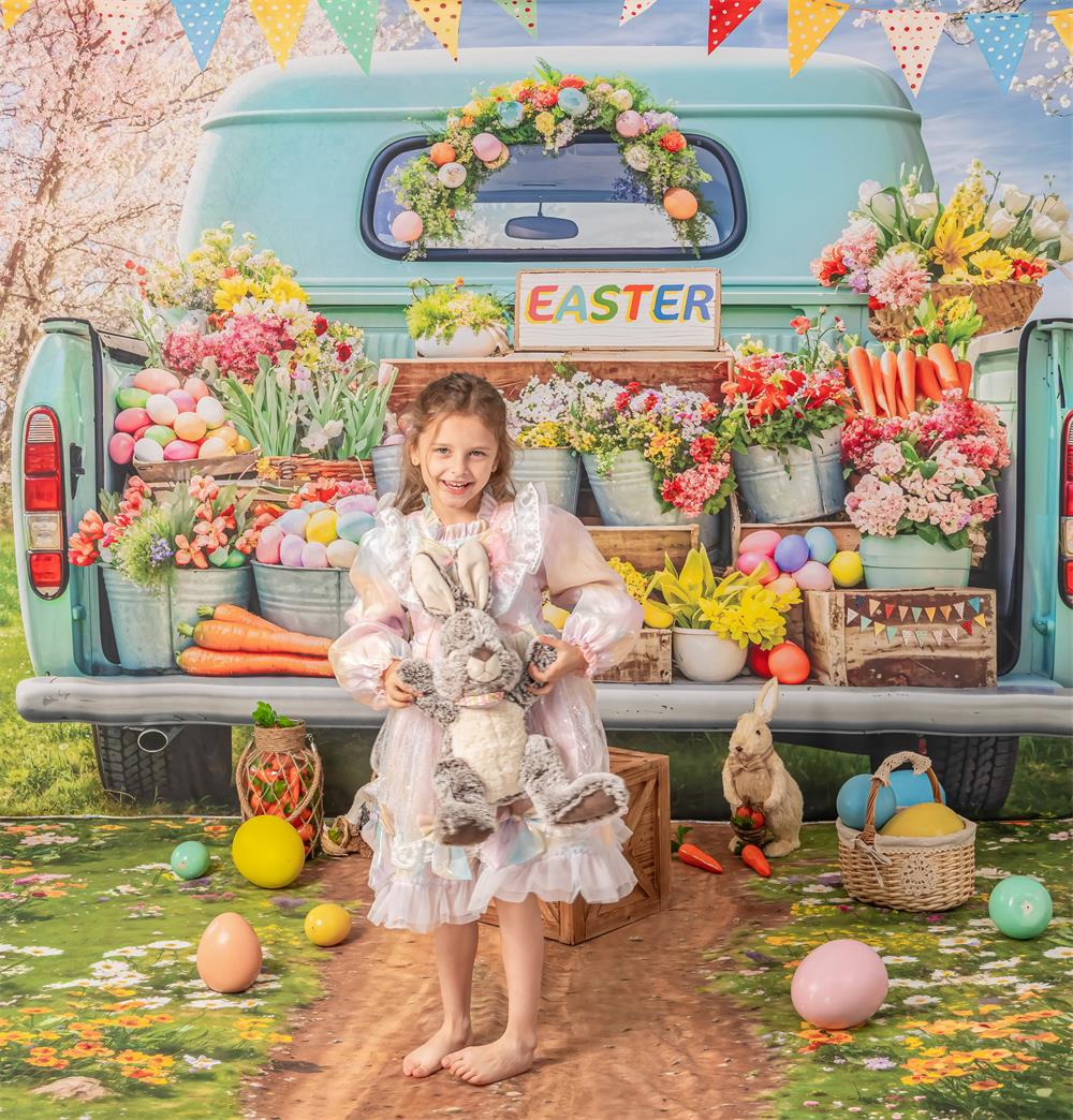 Kate Ostern Truck Grüne Pflanze Hintergrund+Frühjahr Blumen Feld Weg Boden Hintergrund - Kate Backdrop.de