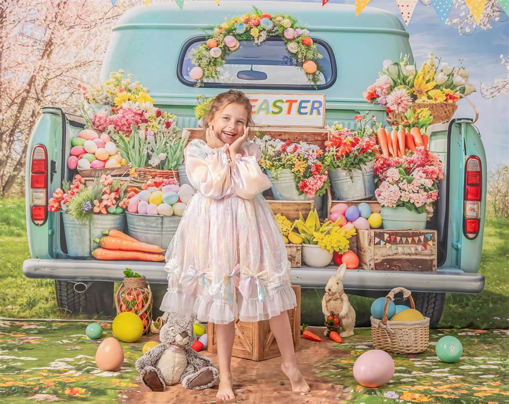 Kate Ostern Truck Grüne Pflanze Hintergrund+Frühjahr Blumen Feld Weg Boden Hintergrund - Kate Backdrop.de