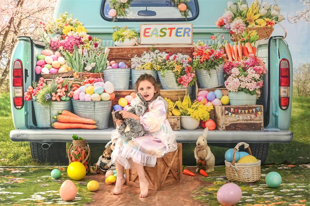 Kate Ostern Truck Grüne Pflanze Hintergrund+Frühjahr Blumen Feld Weg Boden Hintergrund - Kate Backdrop.de