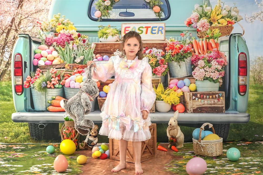 Kate Ostern Truck Grüne Pflanze Hintergrund+Frühjahr Blumen Feld Weg Boden Hintergrund - Kate Backdrop.de